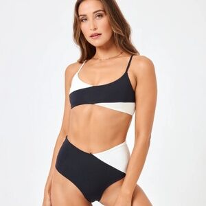 Color Block High Tide Bikini Top - Black-Cream
